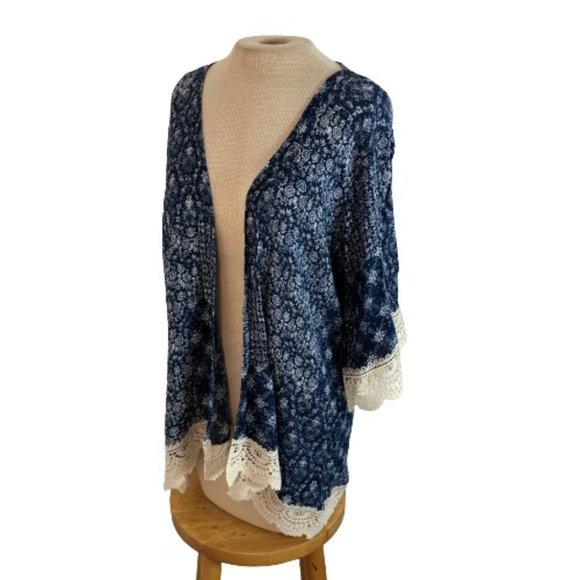 Front of Closet Sweaters - Front of Closet Kimono Flowy Lace Trim Boho Blue